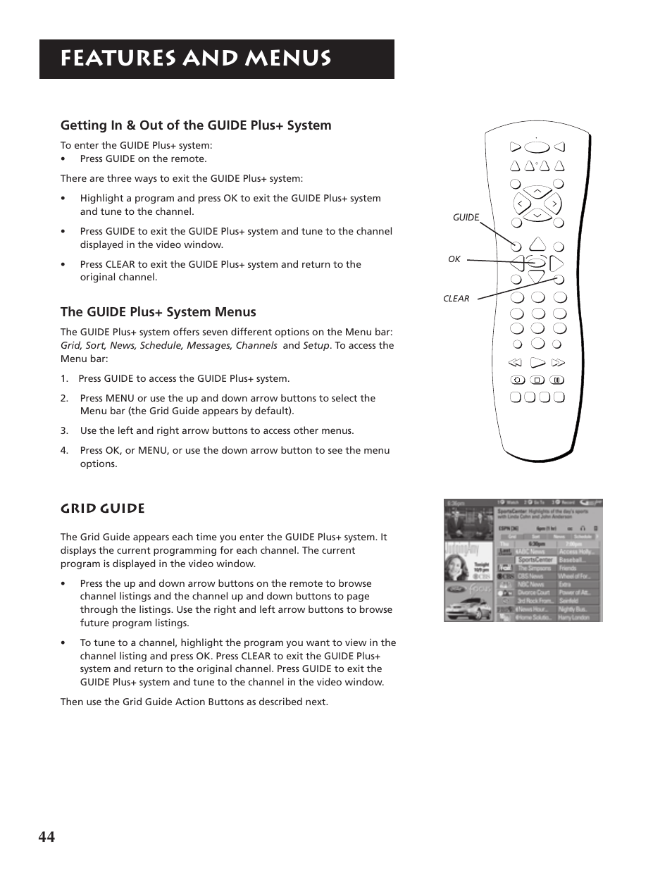 Features and menus, Getting in & out of the guide plus+ system, The guide plus+ system menus | Grid guide, Guide | RCA P46921 User Manual | Page 46 / 64