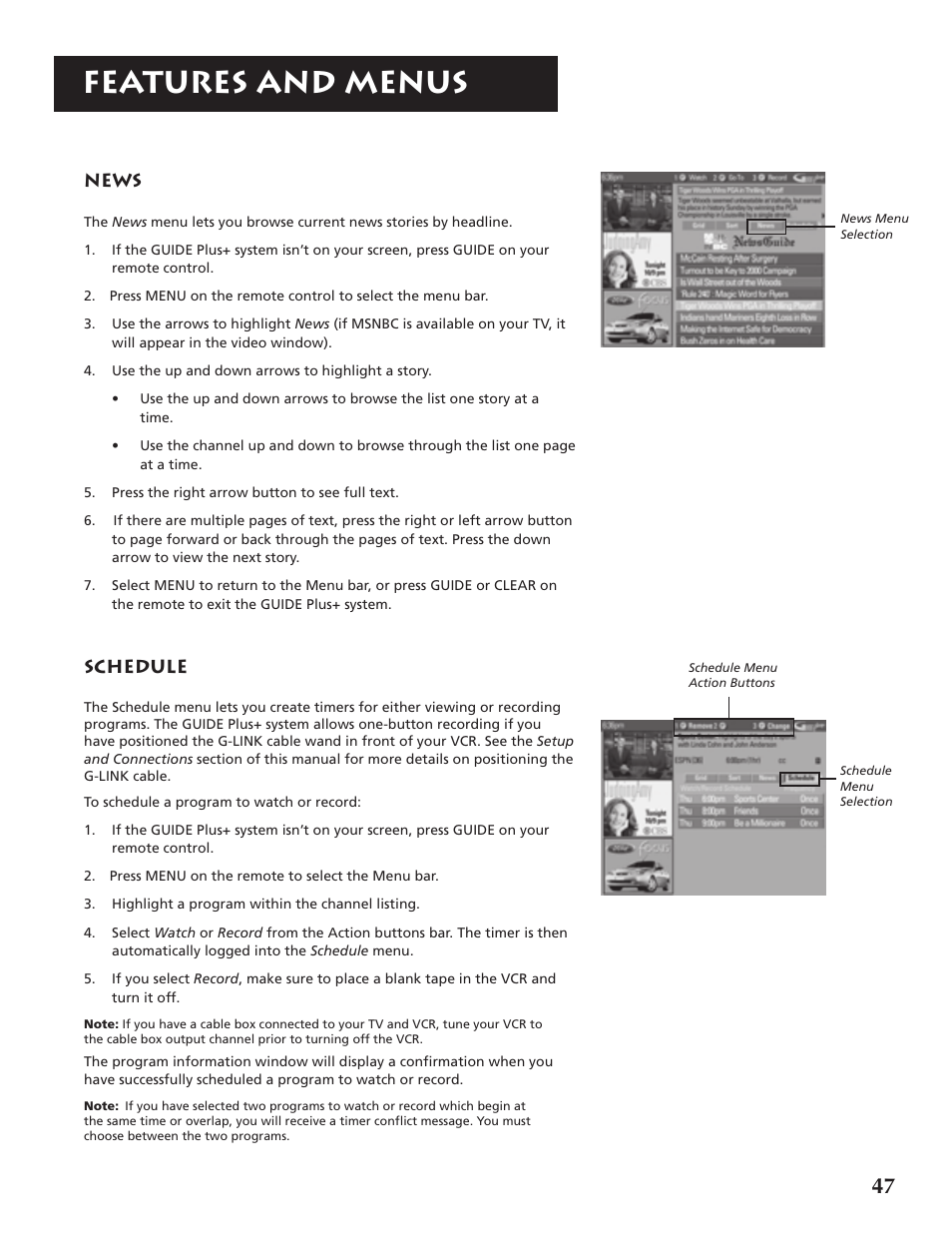 Features and menus, News, Schedule | RCA P46921 User Manual | Page 49 / 64
