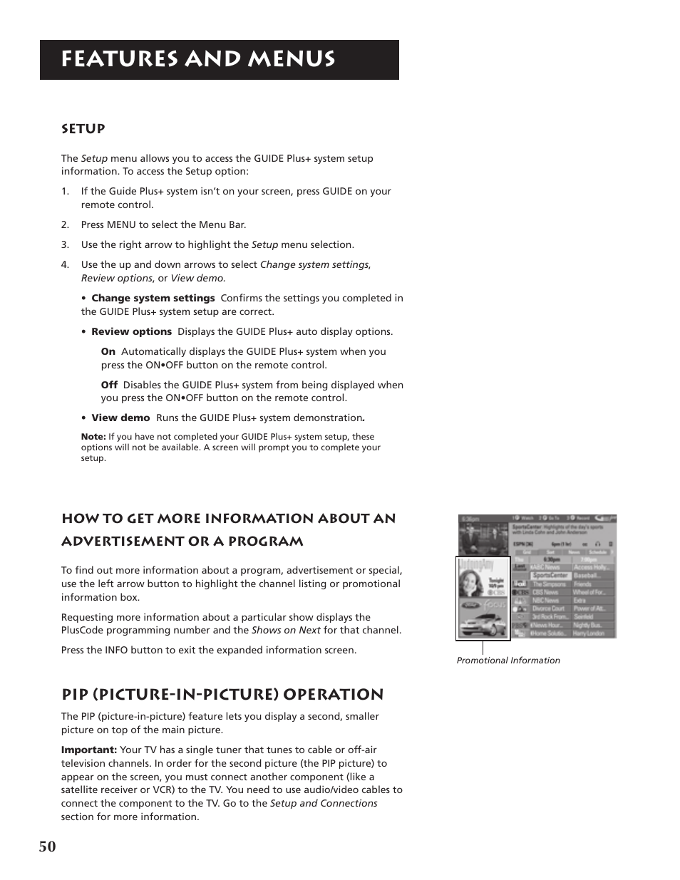 Features and menus, Pip (picture-in-picture) operation | RCA P46921 User Manual | Page 52 / 64