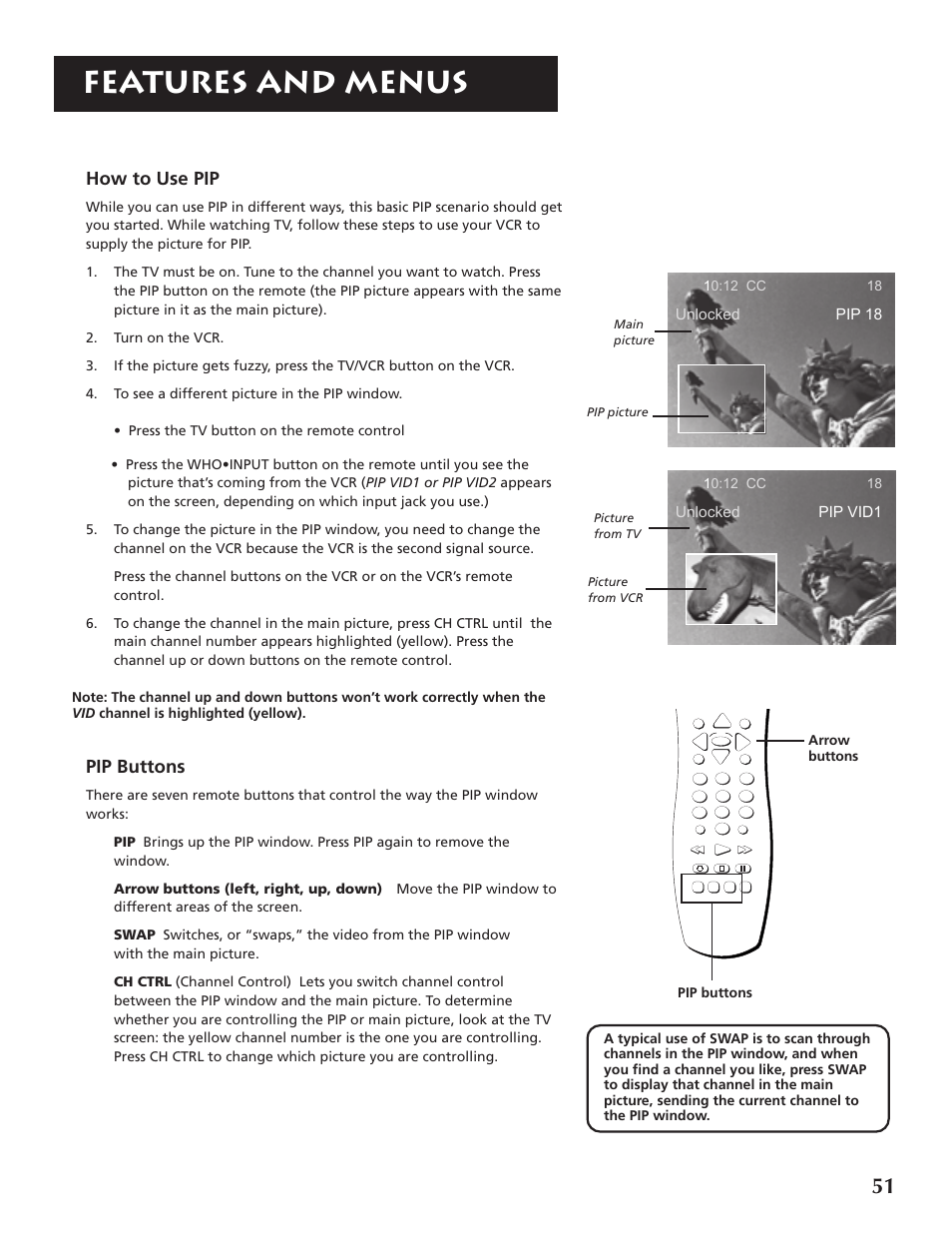 Features and menus, How to use pip, Pip buttons | RCA P46921 User Manual | Page 53 / 64