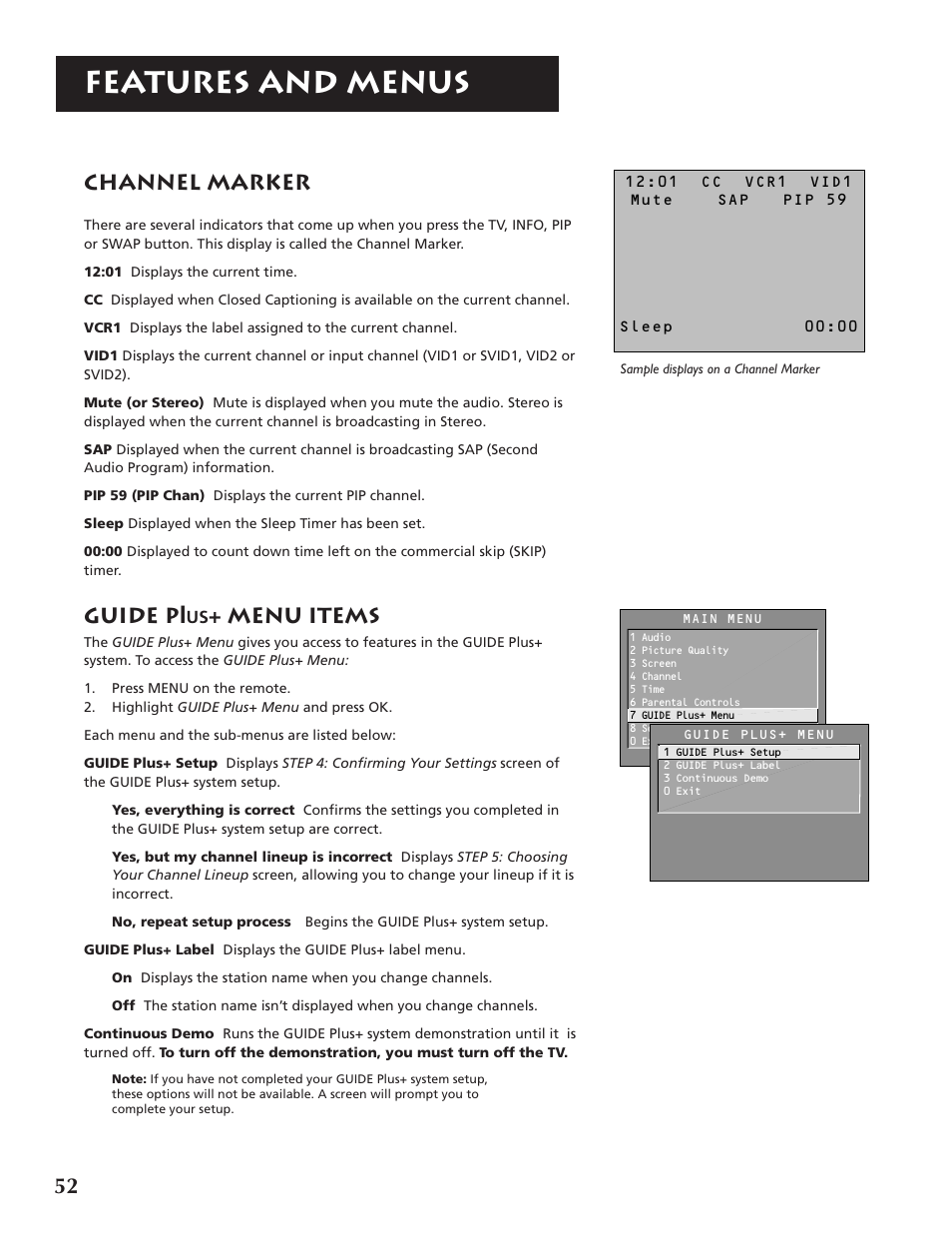 Features and menus, Channel marker, Guide p | Menu items | RCA P46921 User Manual | Page 54 / 64