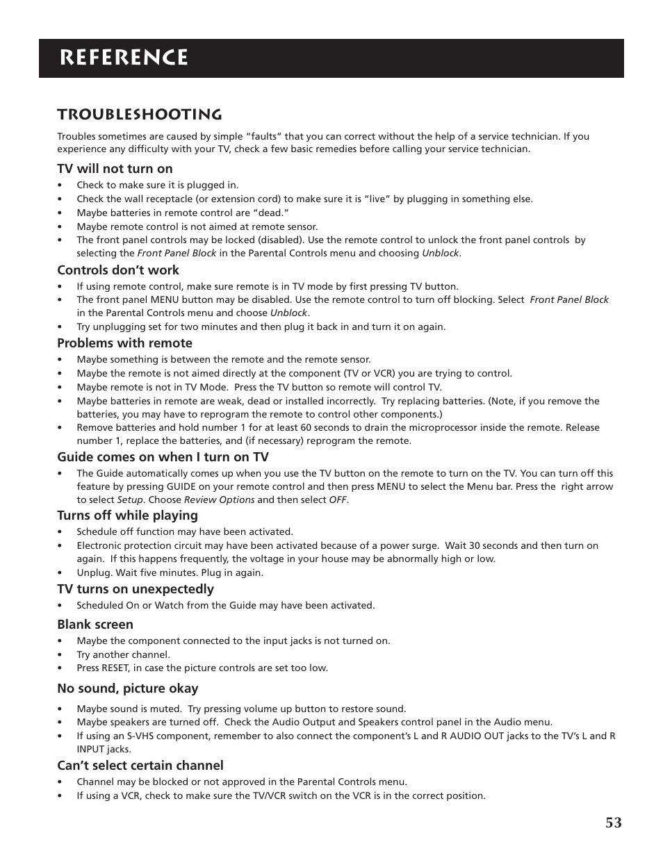 Reference, Troubleshooting | RCA P46921 User Manual | Page 55 / 64