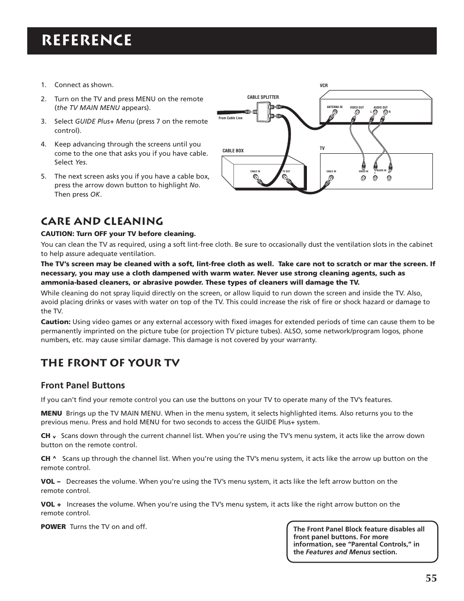Reference, Care and cleaning, The front of your tv | Front panel buttons | RCA P46921 User Manual | Page 57 / 64