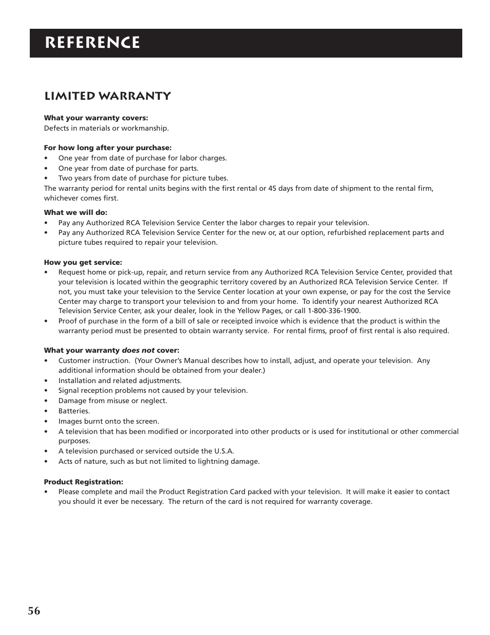 Reference, Limited warranty | RCA P46921 User Manual | Page 58 / 64
