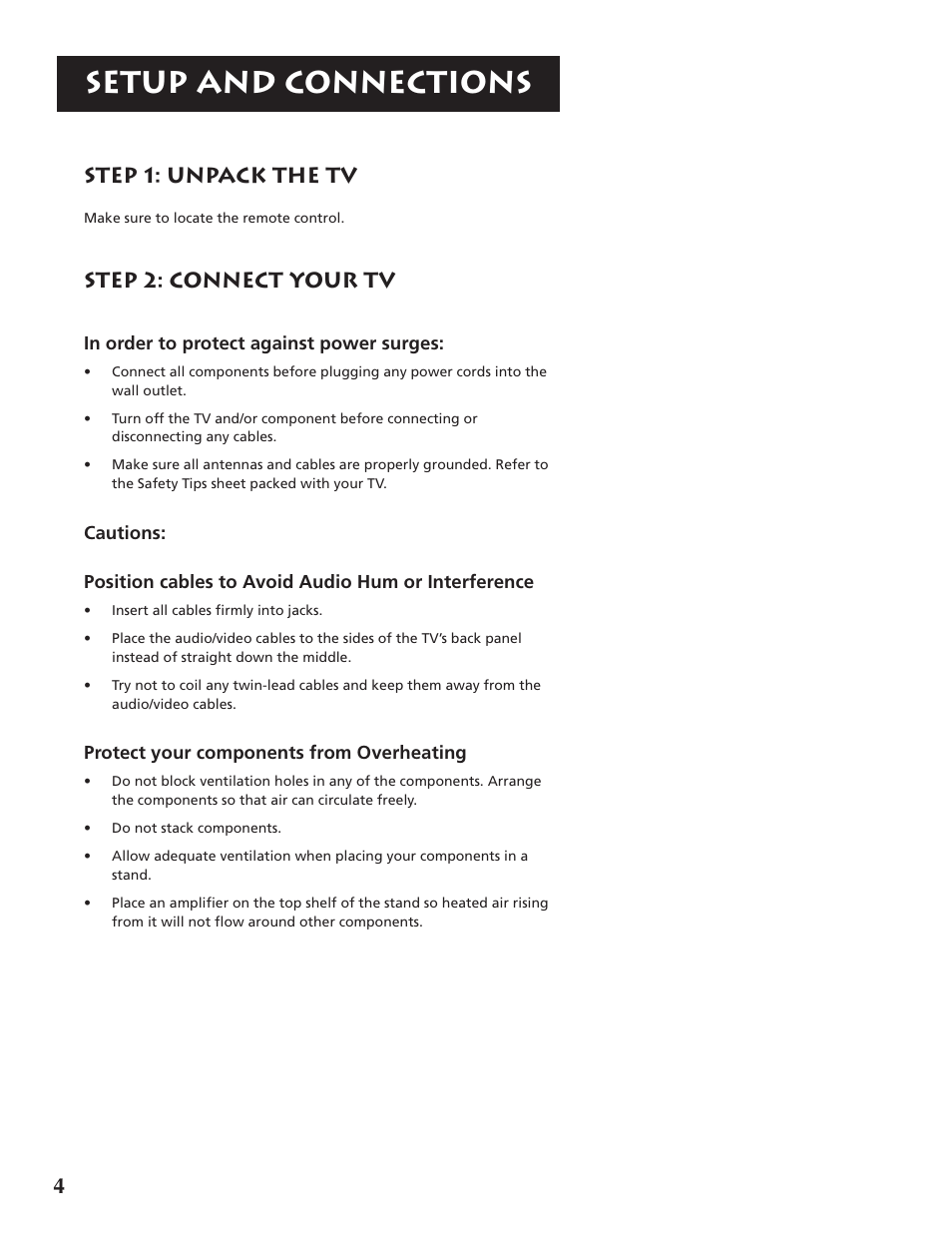 Setup and connections, 4step 1: unpack the tv, Step 2: connect your tv | RCA P46921 User Manual | Page 6 / 64