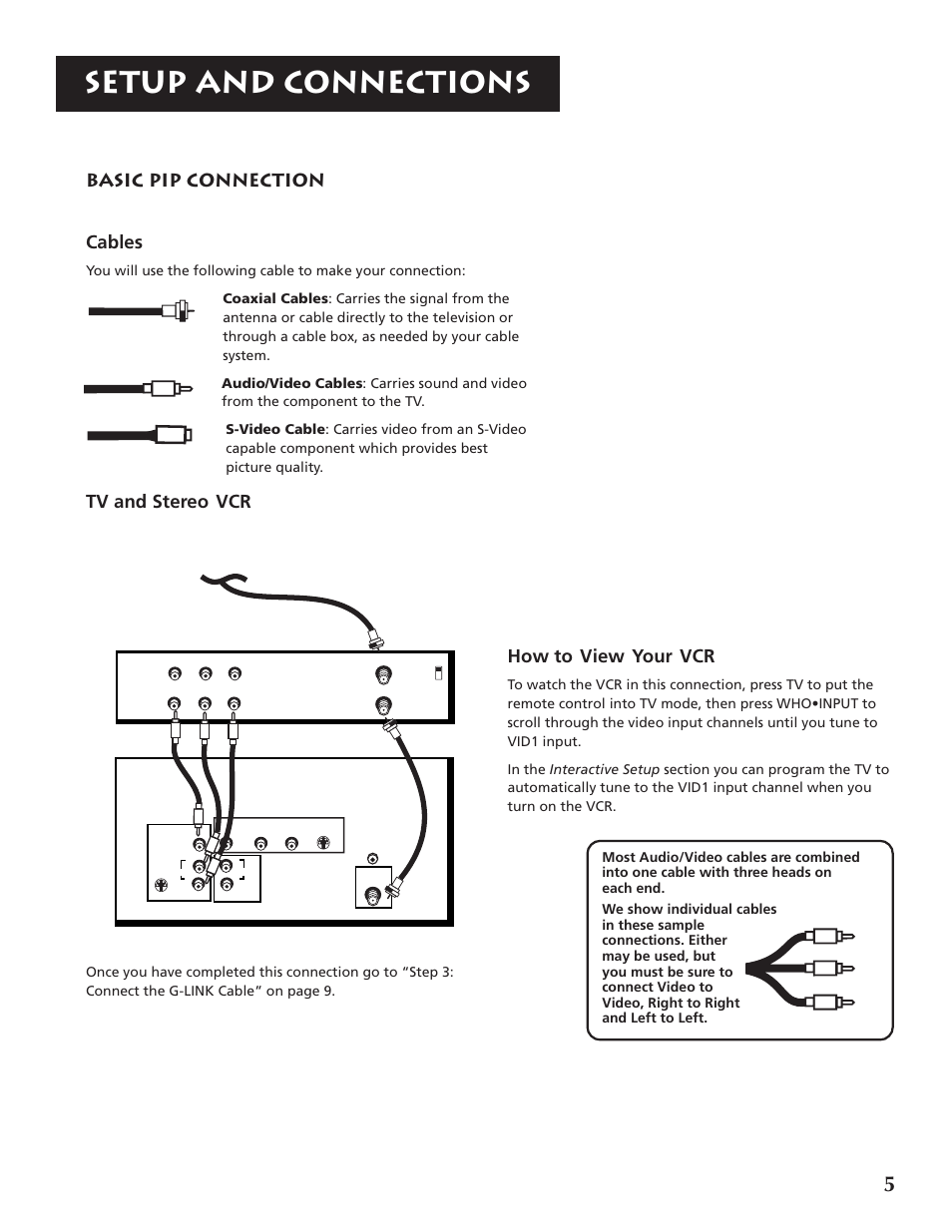 Setup and connections, Basic pip connection cables, Tv and stereo vcr | How to view your vcr | RCA P46921 User Manual | Page 7 / 64