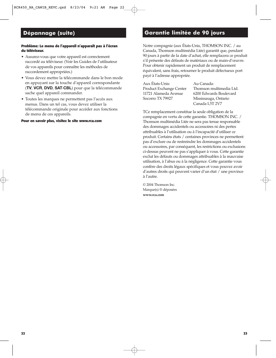 Garantie limitée de 90 jours dépannage (suite) | RCA RCR450 User Manual | Page 12 / 27
