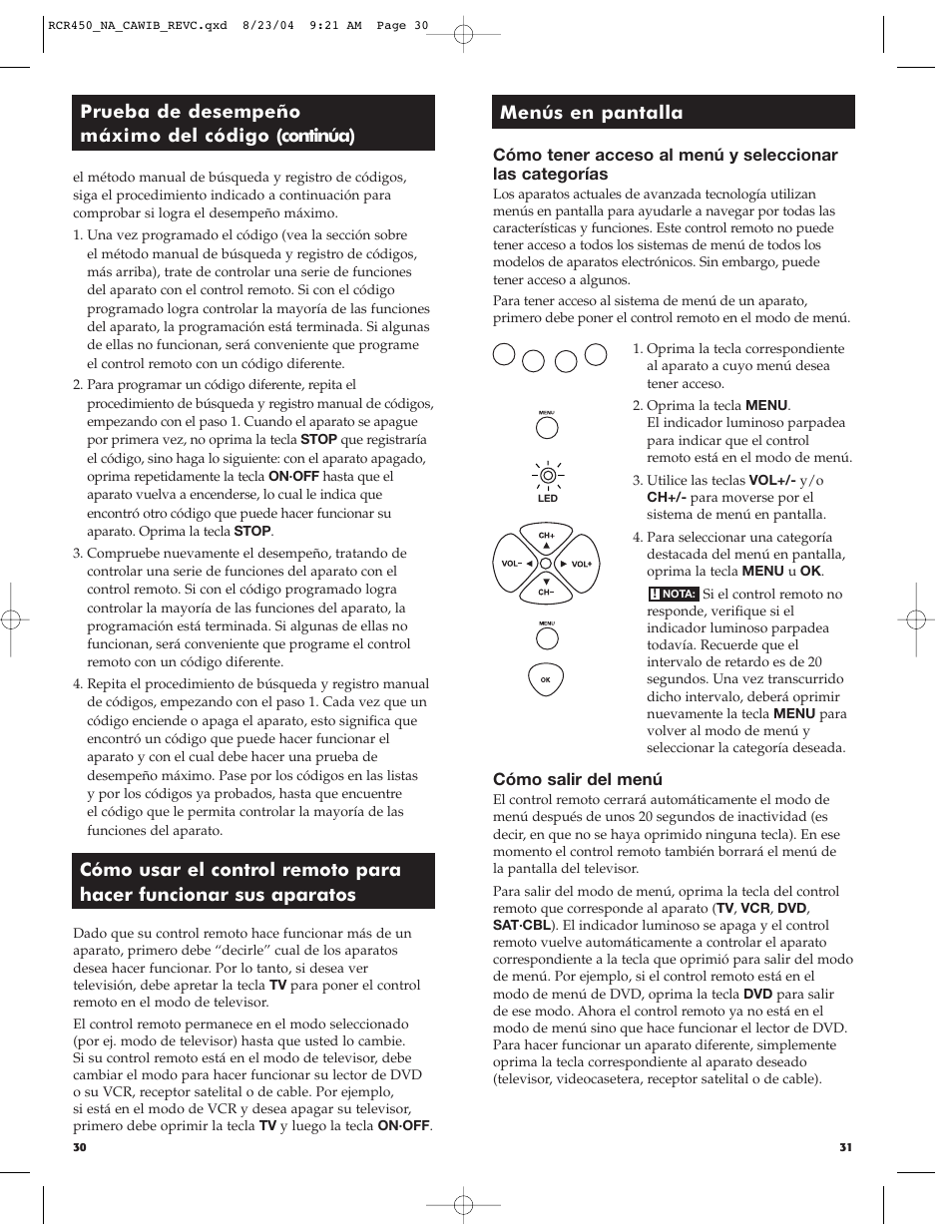 Prueba de desempeño máximo del código (continúa), Menús en pantalla | RCA RCR450 User Manual | Page 16 / 27