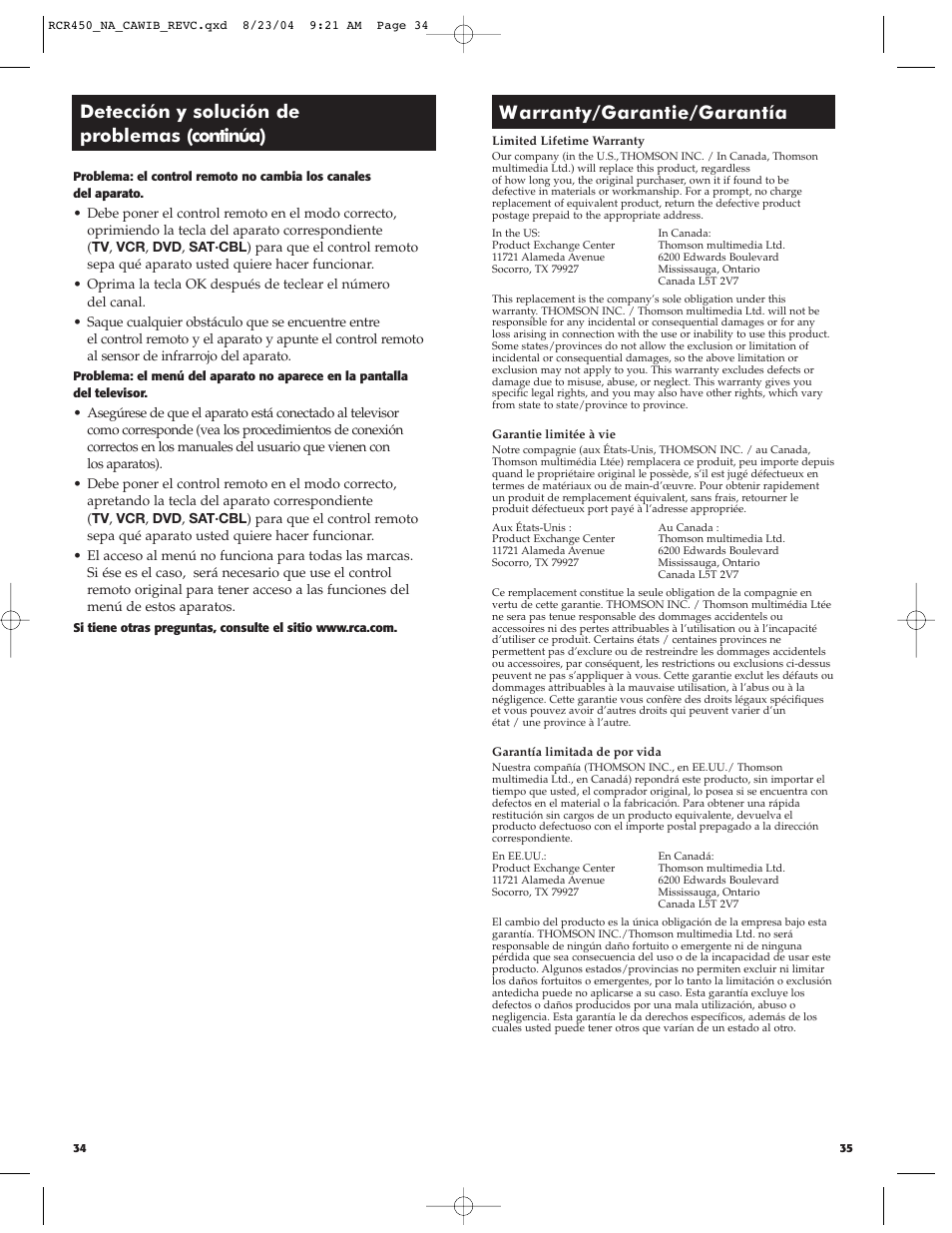 Detección y solución de problemas (continúa), W arranty/garantie/garantía | RCA RCR450 User Manual | Page 18 / 27