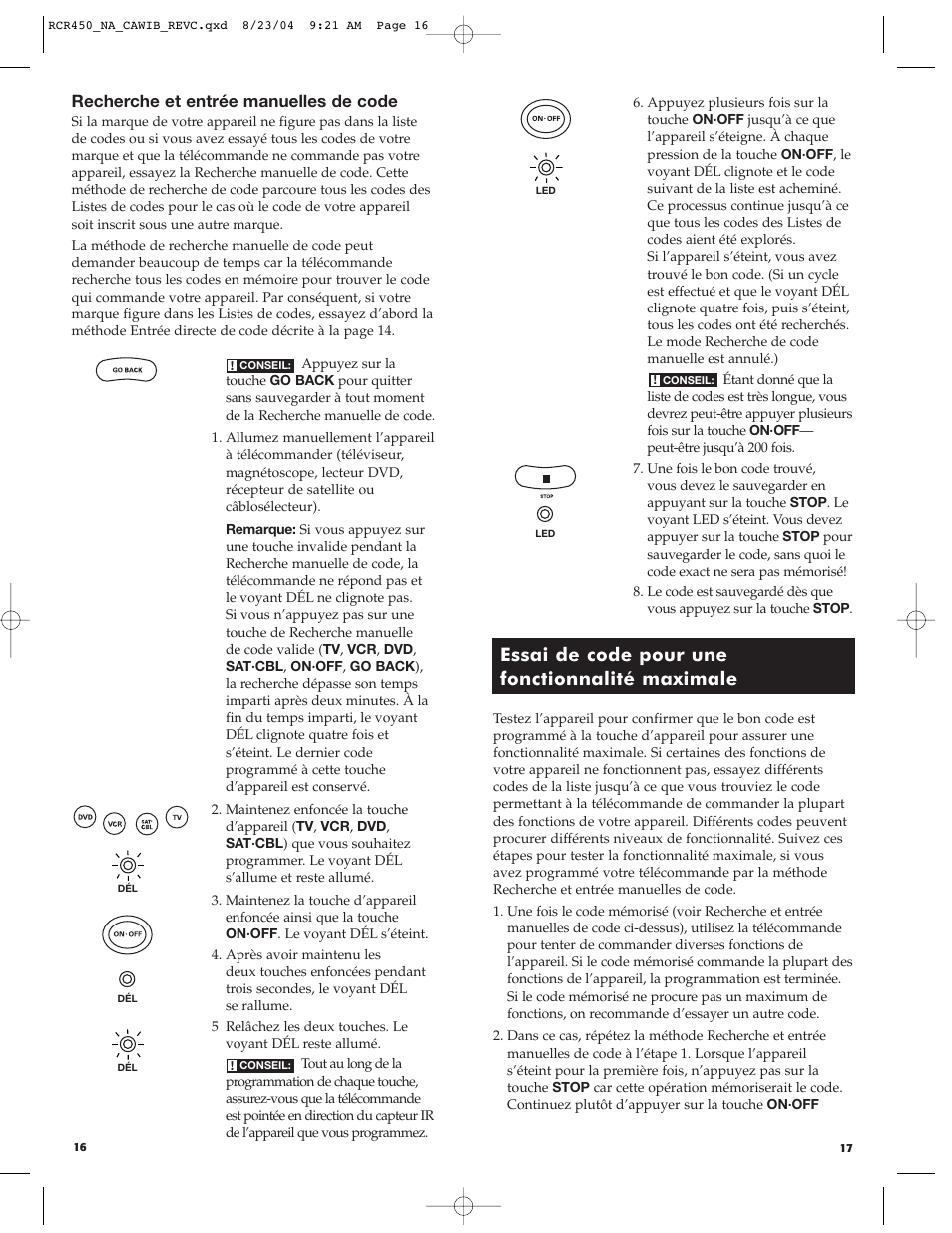 Essai de code pour une fonctionnalité maximale, Recherche et entrée manuelles de code | RCA RCR450 User Manual | Page 9 / 27