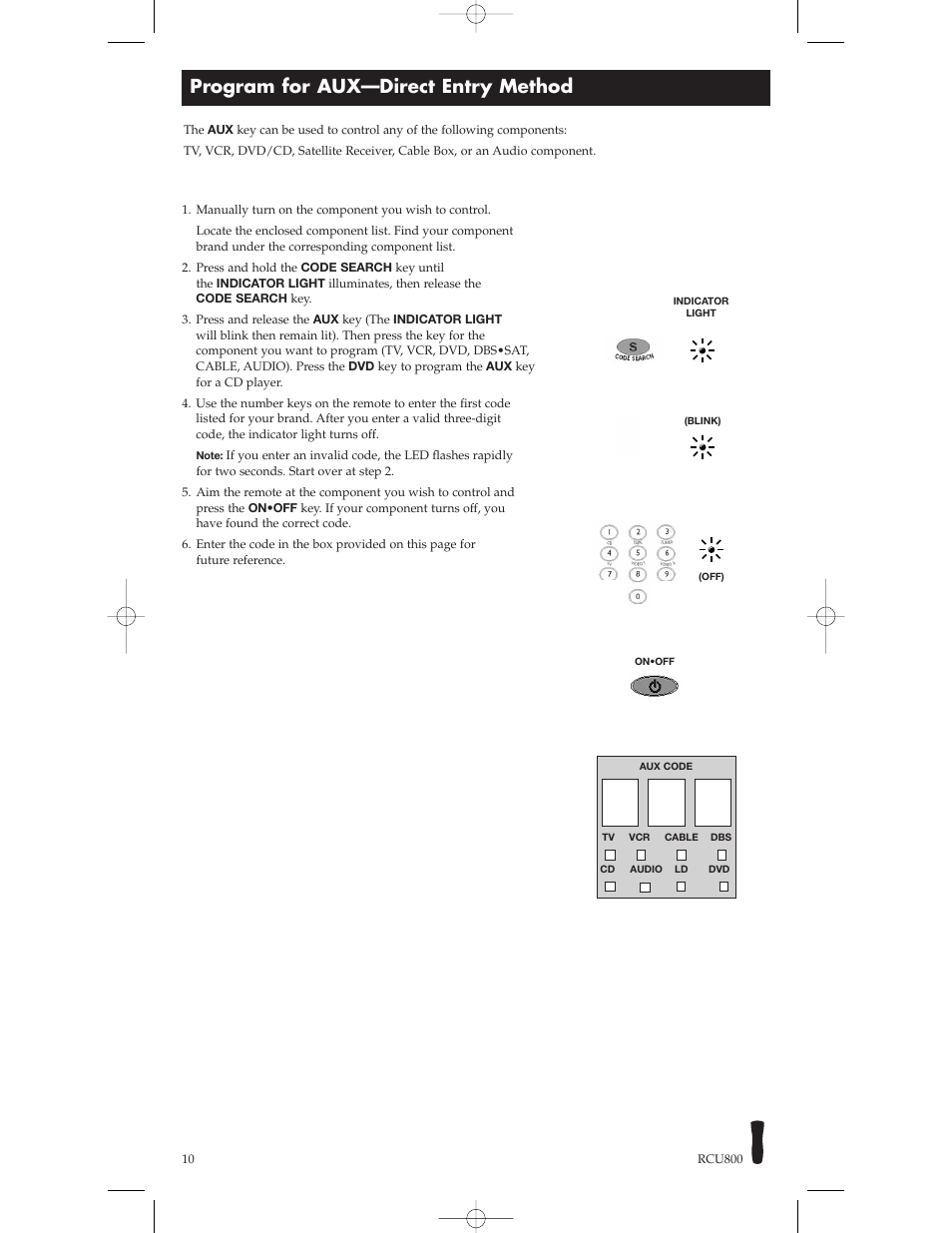 Program for aux—direct entry method | RCA RCU800B User Manual | Page 10 / 32