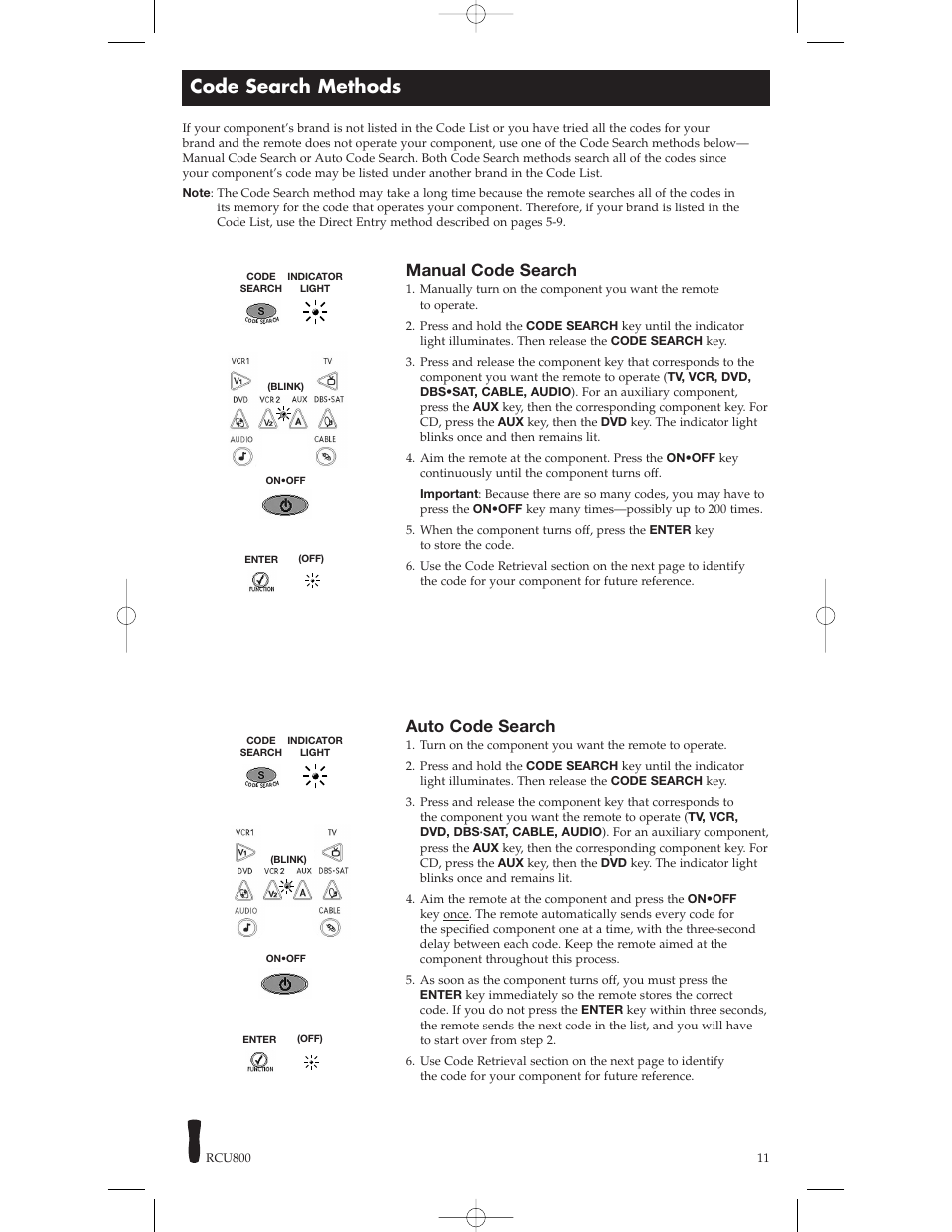 Code search methods, Manual code search, Auto code search | RCA RCU800B User Manual | Page 11 / 32