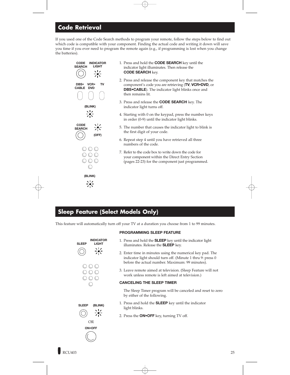 Code retrieval, Sleep feature (select models only) | RCA RCU800B User Manual | Page 25 / 32