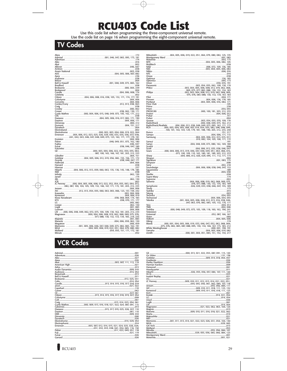 403 code list, Tv codes, Vcr codes | RCA RCU800B User Manual | Page 29 / 32