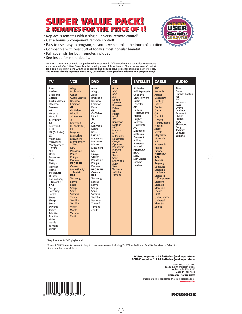 Super value pack, User, 2 remotes for the price of 1 | Rcu800b, Guide | RCA RCU800B User Manual | Page 32 / 32