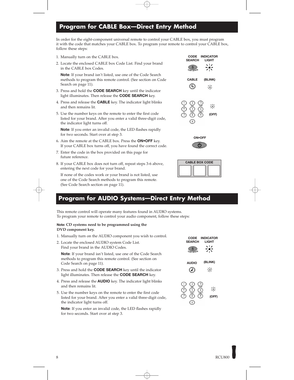 Program for cable box—direct entry method, Program for audio systems—direct entry method | RCA RCU800B User Manual | Page 8 / 32