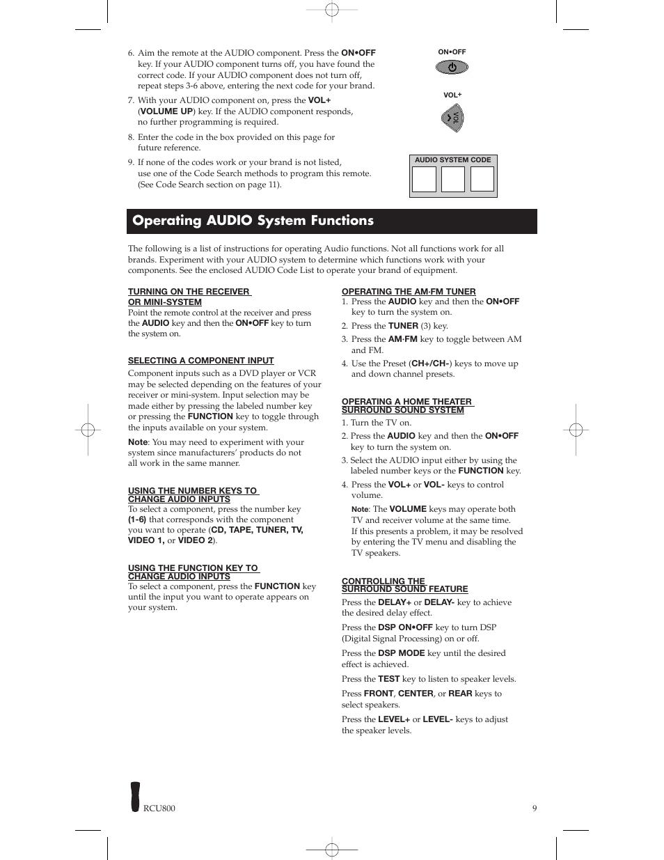 Operating audio system functions | RCA RCU800B User Manual | Page 9 / 32