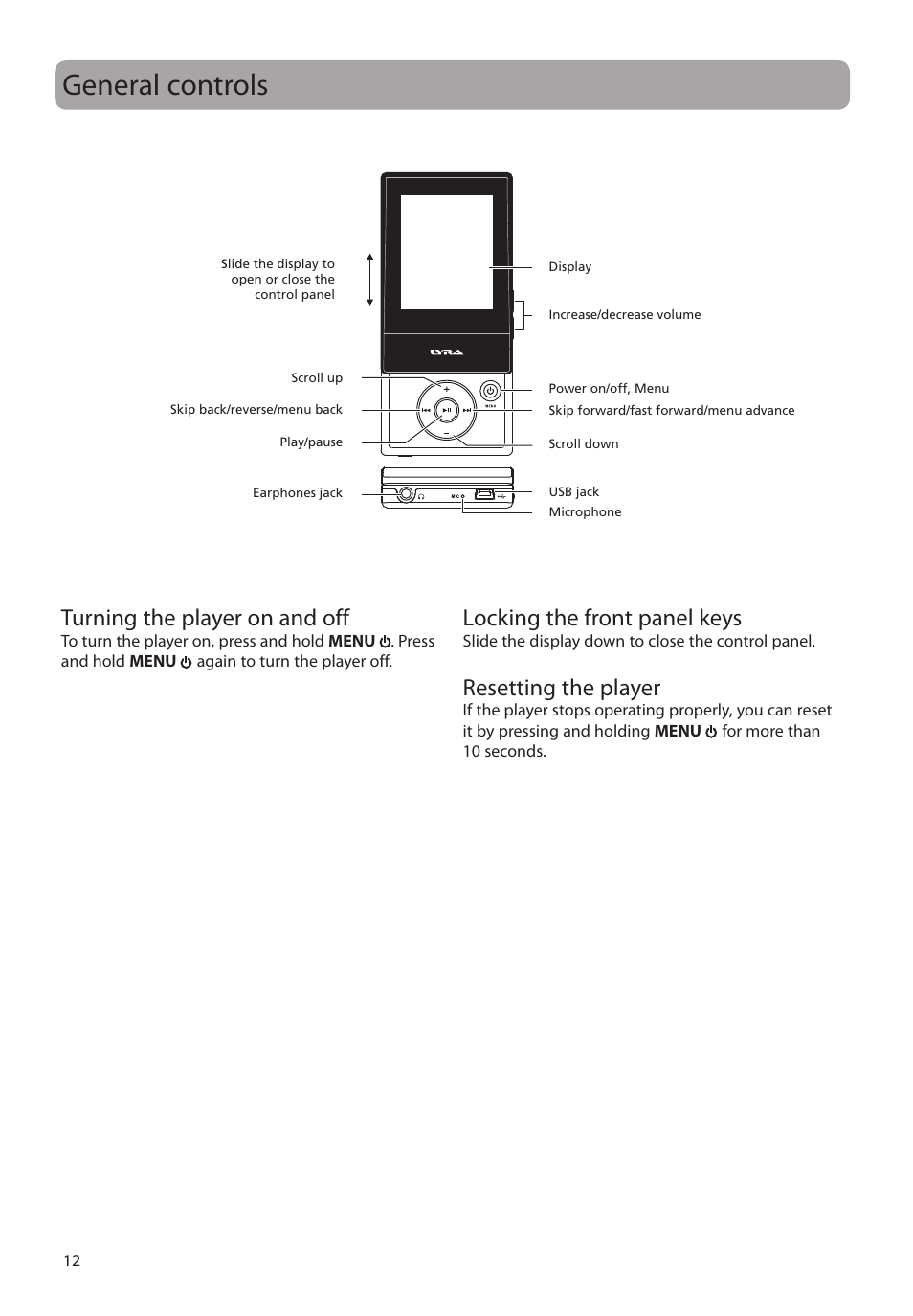 General controls, Turning the player on and off, Locking the front panel keys | Resetting the player | RCA SL5004 User Manual | Page 12 / 29