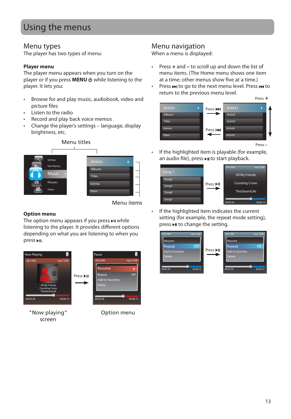 Using the menus, Menu types, Menu navigation | RCA SL5004 User Manual | Page 13 / 29