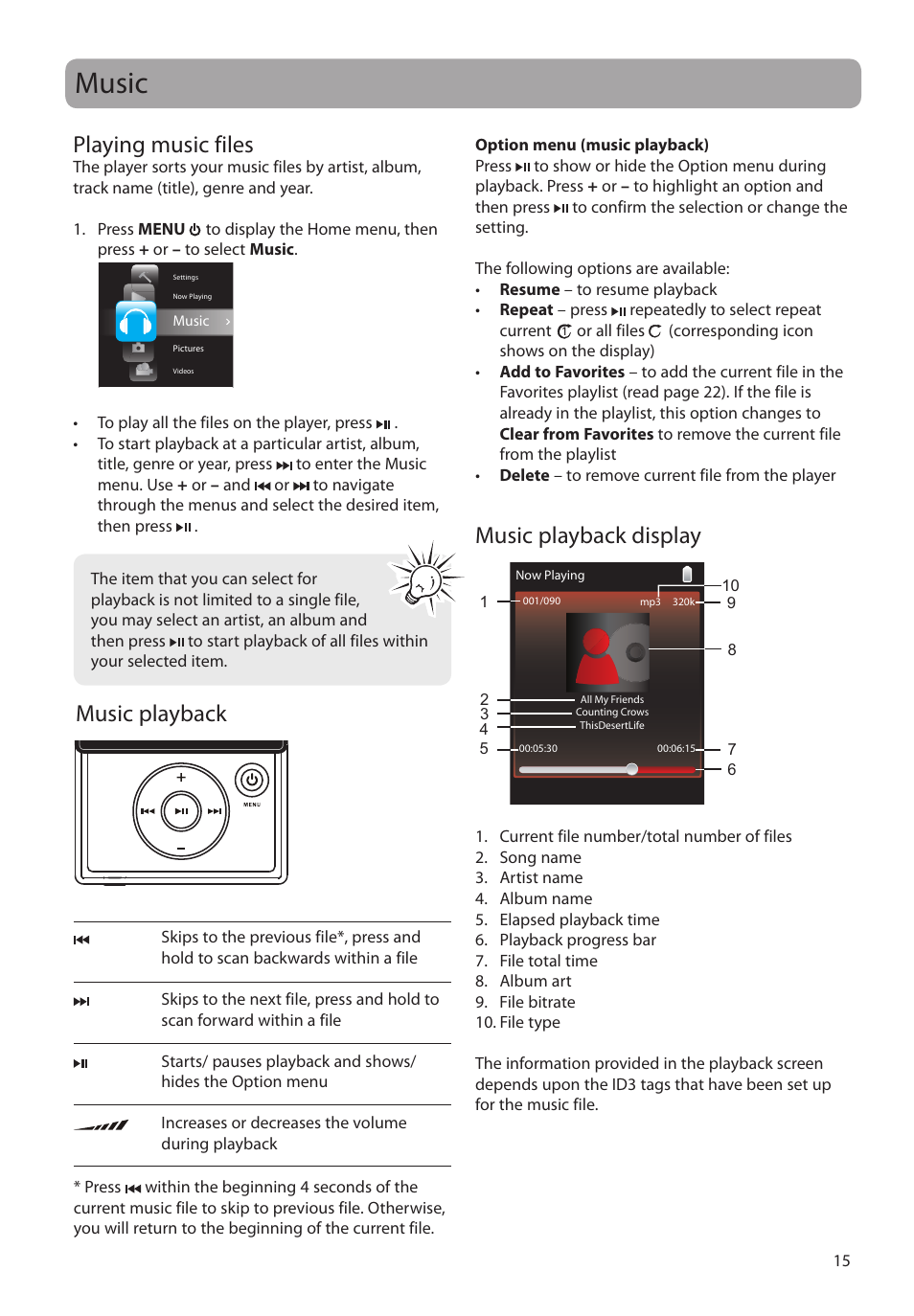 Music, Playing music files, Music playback | Music playback display, Music playback music playback display | RCA SL5004 User Manual | Page 15 / 29