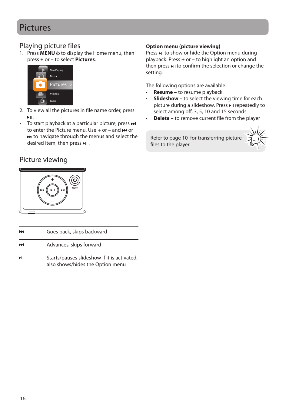 Pictures, Playing picture files, Picture viewing | RCA SL5004 User Manual | Page 16 / 29