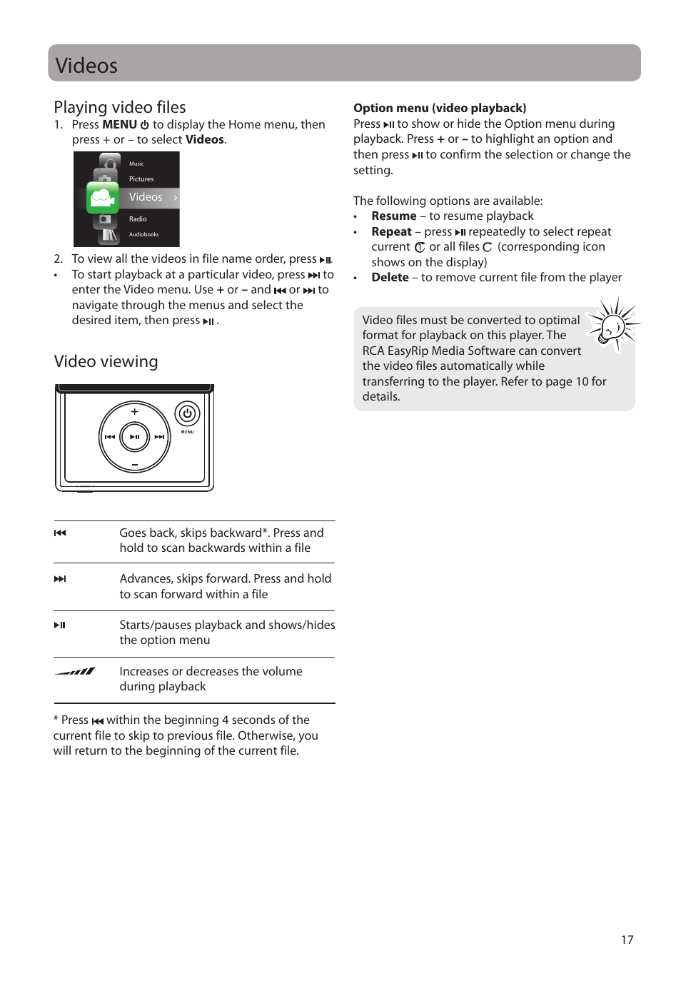 Videos, Playing video files, Video viewing | RCA SL5004 User Manual | Page 17 / 29