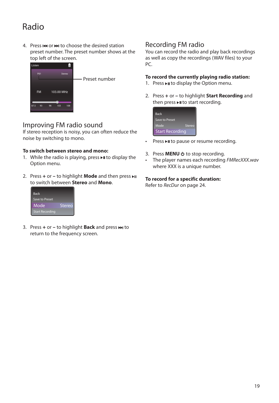 Improving fm radio sound, Recording fm radio, Radio | RCA SL5004 User Manual | Page 19 / 29