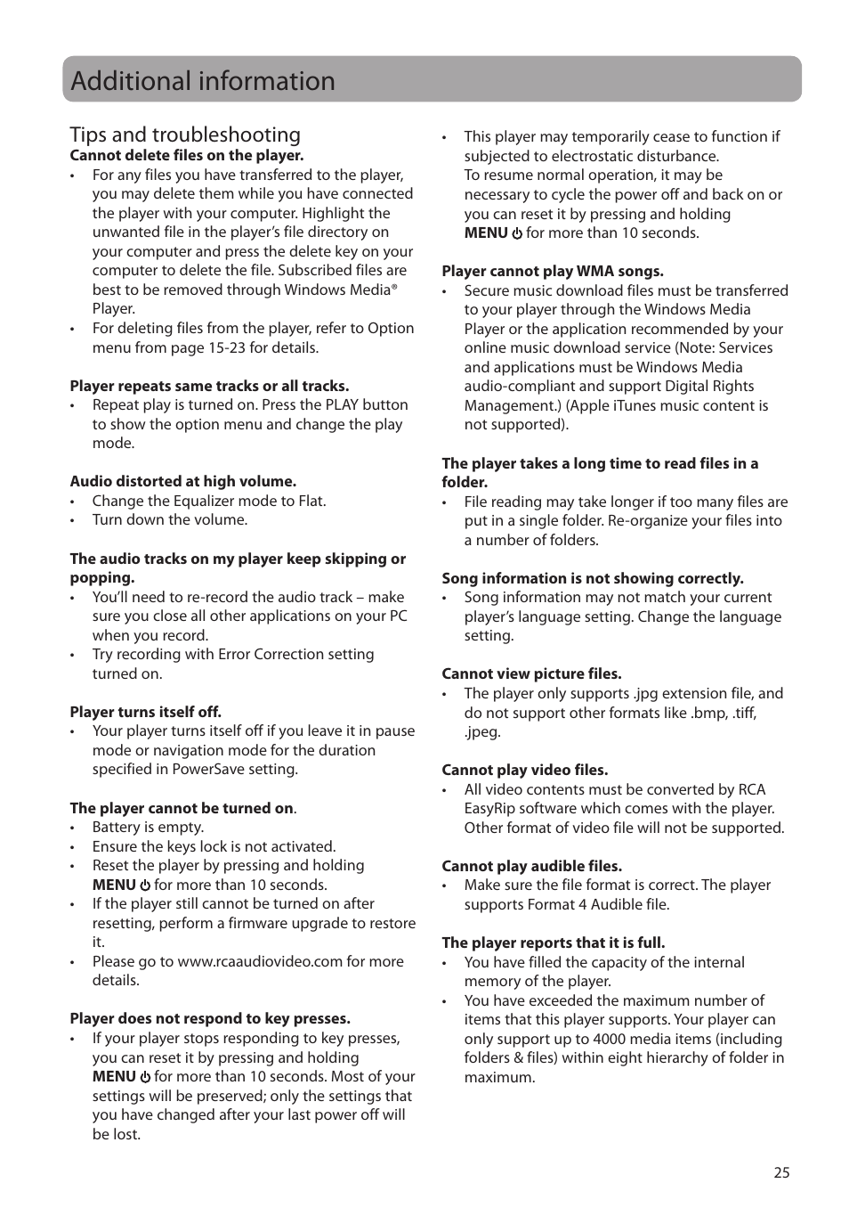 Additional information, Tips and troubleshooting | RCA SL5004 User Manual | Page 25 / 29