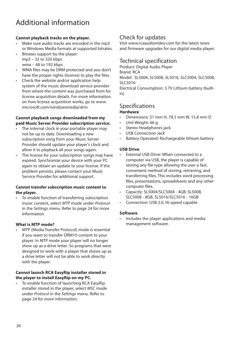 Check for updates, Technical specification, Specifications | Additional information | RCA SL5004 User Manual | Page 26 / 29