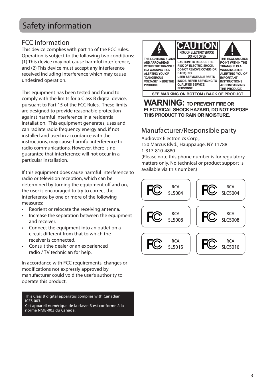 Safety information, Fcc information, Manufacturer/responsible party | Caution, Warning | RCA SL5004 User Manual | Page 3 / 29