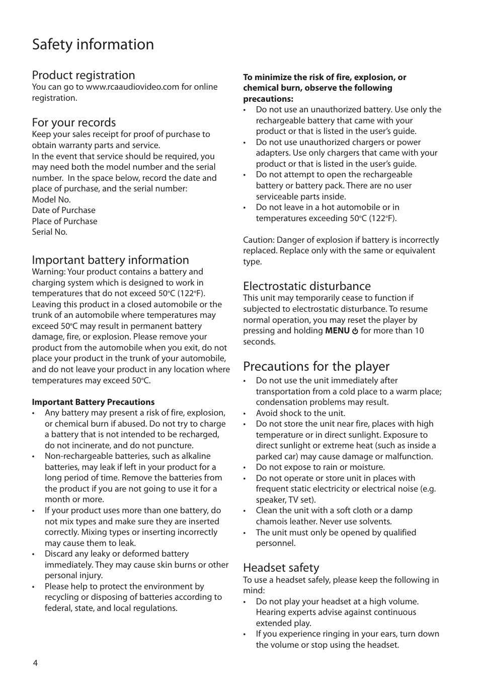 Product registration, For your records, Important battery information | Electrostatic disturbance, Precautions for the player, Headset safety, Safety information | RCA SL5004 User Manual | Page 4 / 29