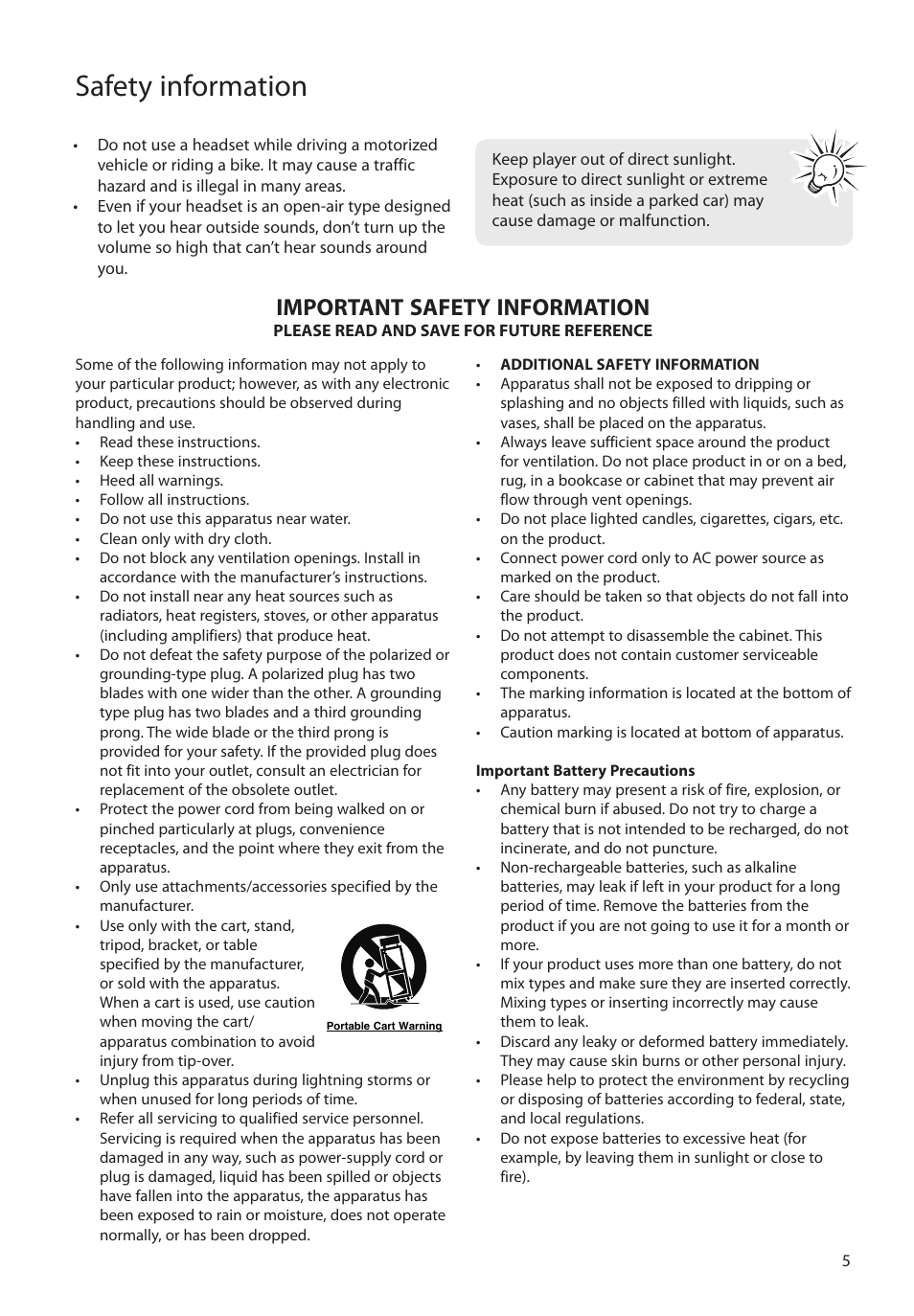 Important safety information, Safety information | RCA SL5004 User Manual | Page 5 / 29
