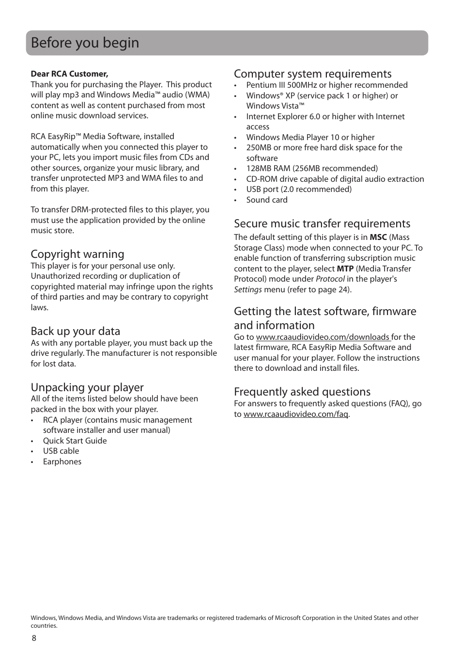 Before you begin, Copyright warning, Back up your data | Unpacking your player, Computer system requirements, Secure music transfer requirements, Frequently asked questions | RCA SL5004 User Manual | Page 8 / 29