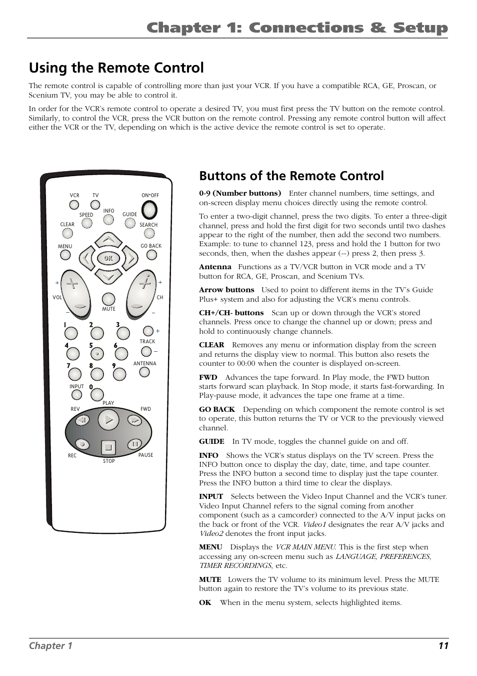 Chapter 1: connections & setup, Using the remote control, Buttons of the remote control | Chapter 1 11 | RCA VR637HF User Manual | Page 13 / 32