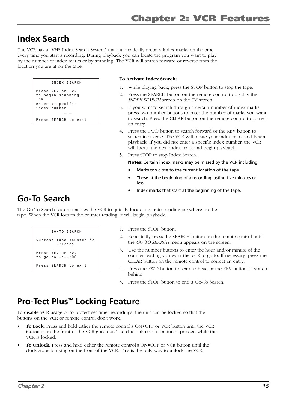 Chapter 2: vcr features, Index search, Go-to search | Pro-tect plus, Locking feature | RCA VR637HF User Manual | Page 17 / 32