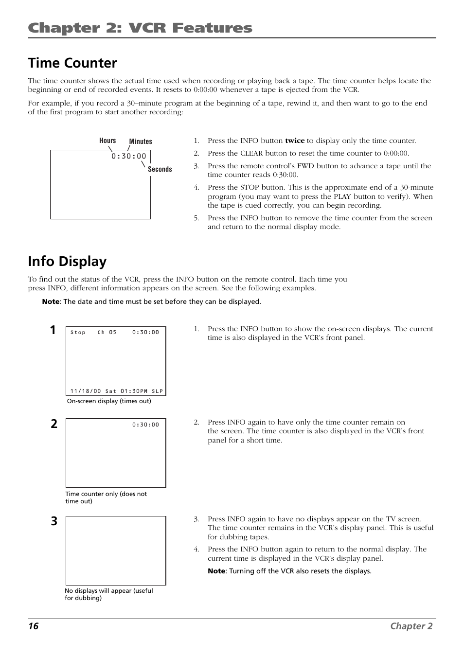 Chapter 2: vcr features, Time counter, Info display | RCA VR637HF User Manual | Page 18 / 32