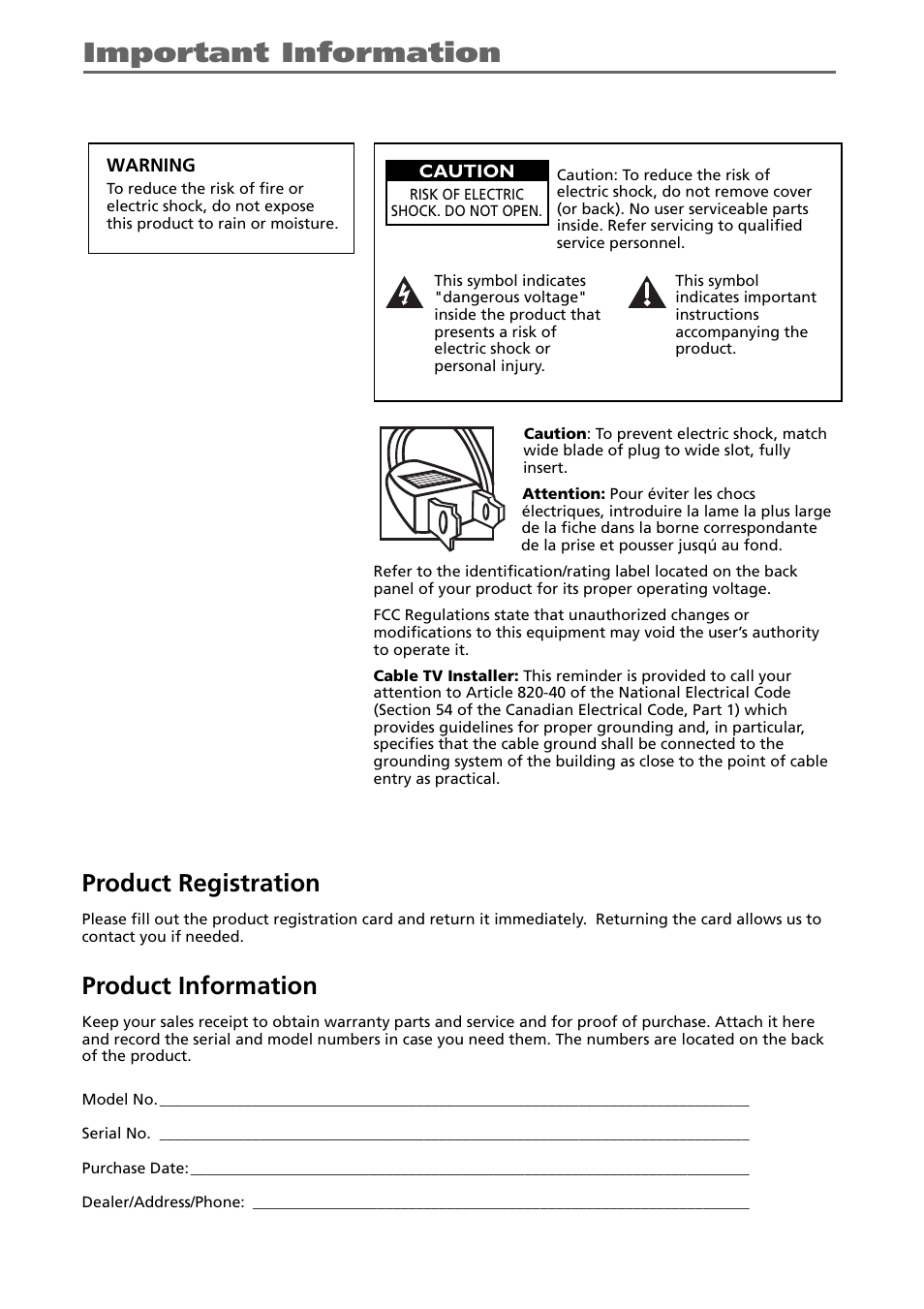 Important information, Product registration, Product information | RCA VR637HF User Manual | Page 2 / 32