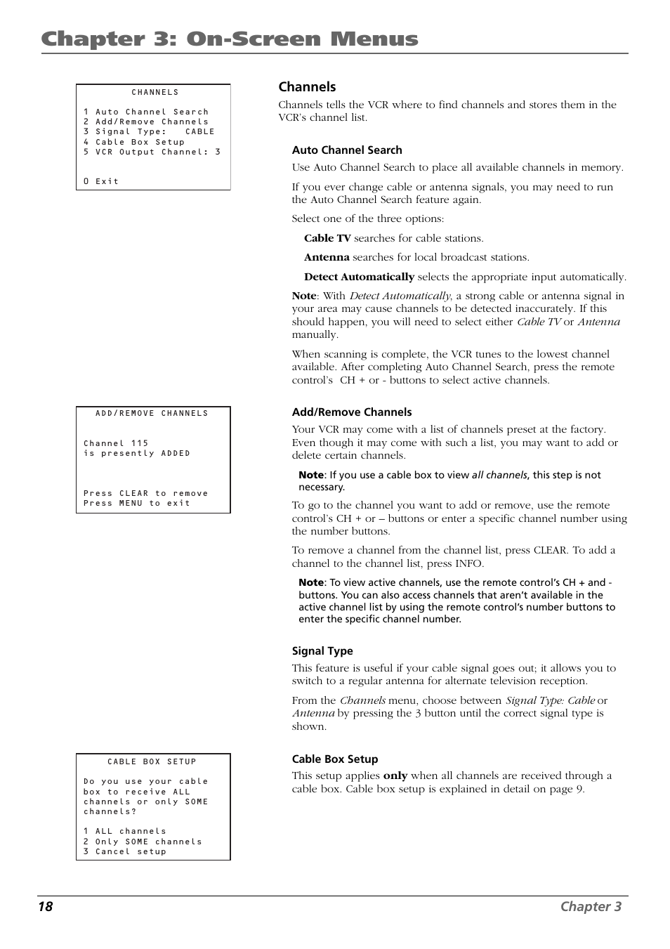 Chapter 3: on-screen menus, 18 chapter 3 channels | RCA VR637HF User Manual | Page 20 / 32