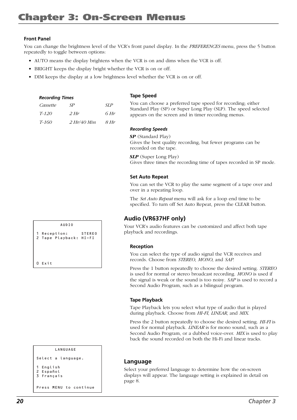 Chapter 3: on-screen menus | RCA VR637HF User Manual | Page 22 / 32