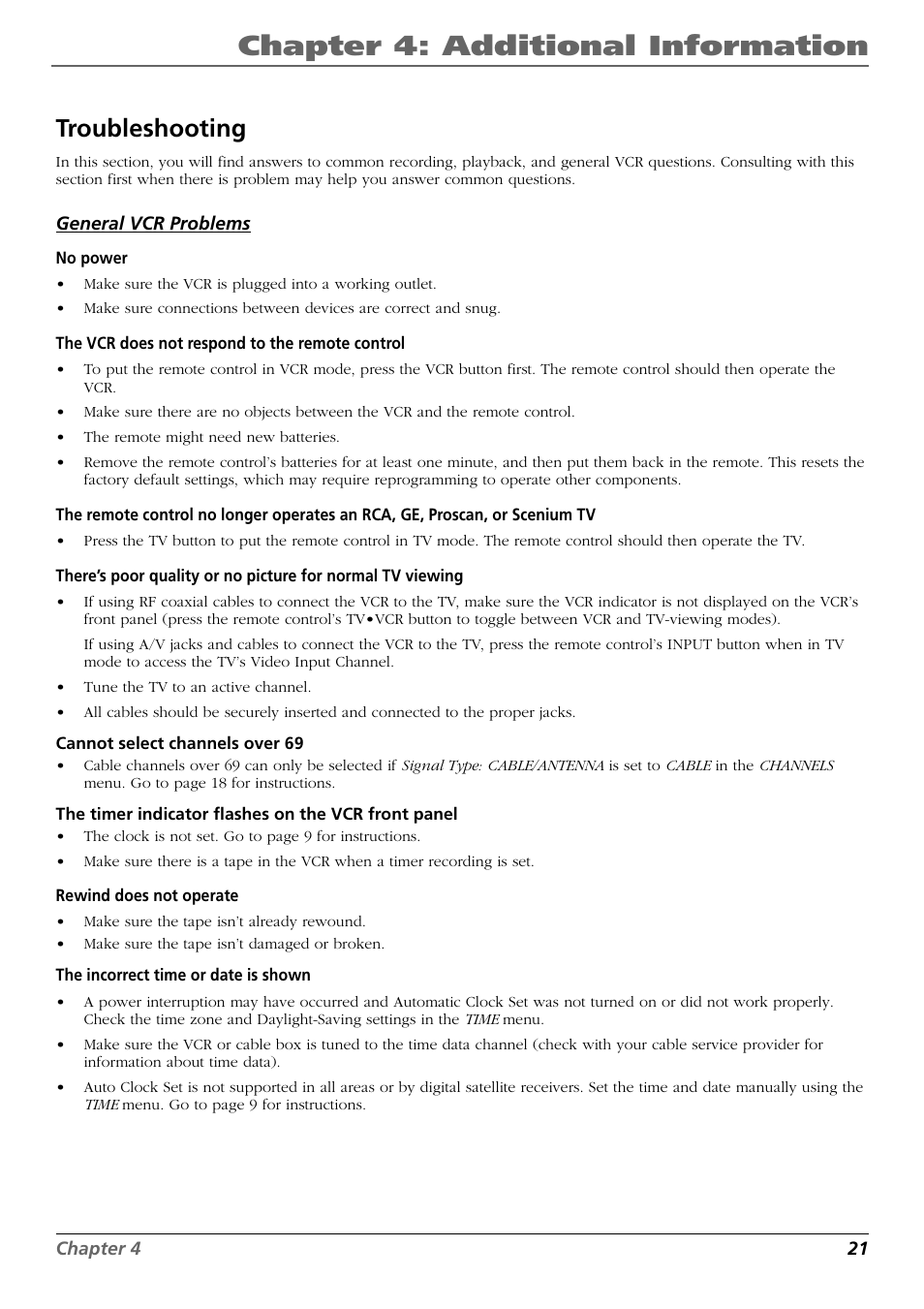 Chapter 4: additional information, Troubleshooting | RCA VR637HF User Manual | Page 23 / 32