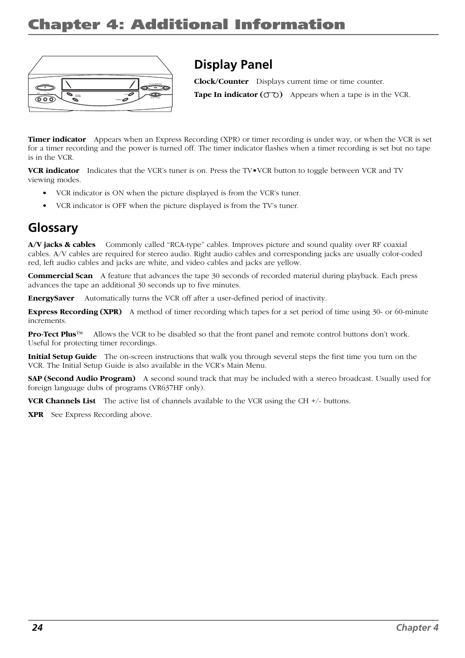 Chapter 4: additional information, Display panel, Glossary | RCA VR637HF User Manual | Page 26 / 32