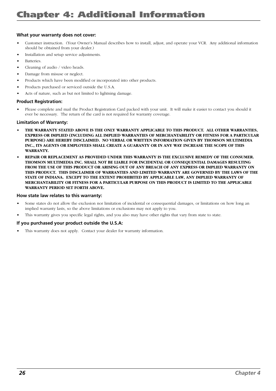 Chapter 4: additional information, 26 chapter 4 | RCA VR637HF User Manual | Page 28 / 32