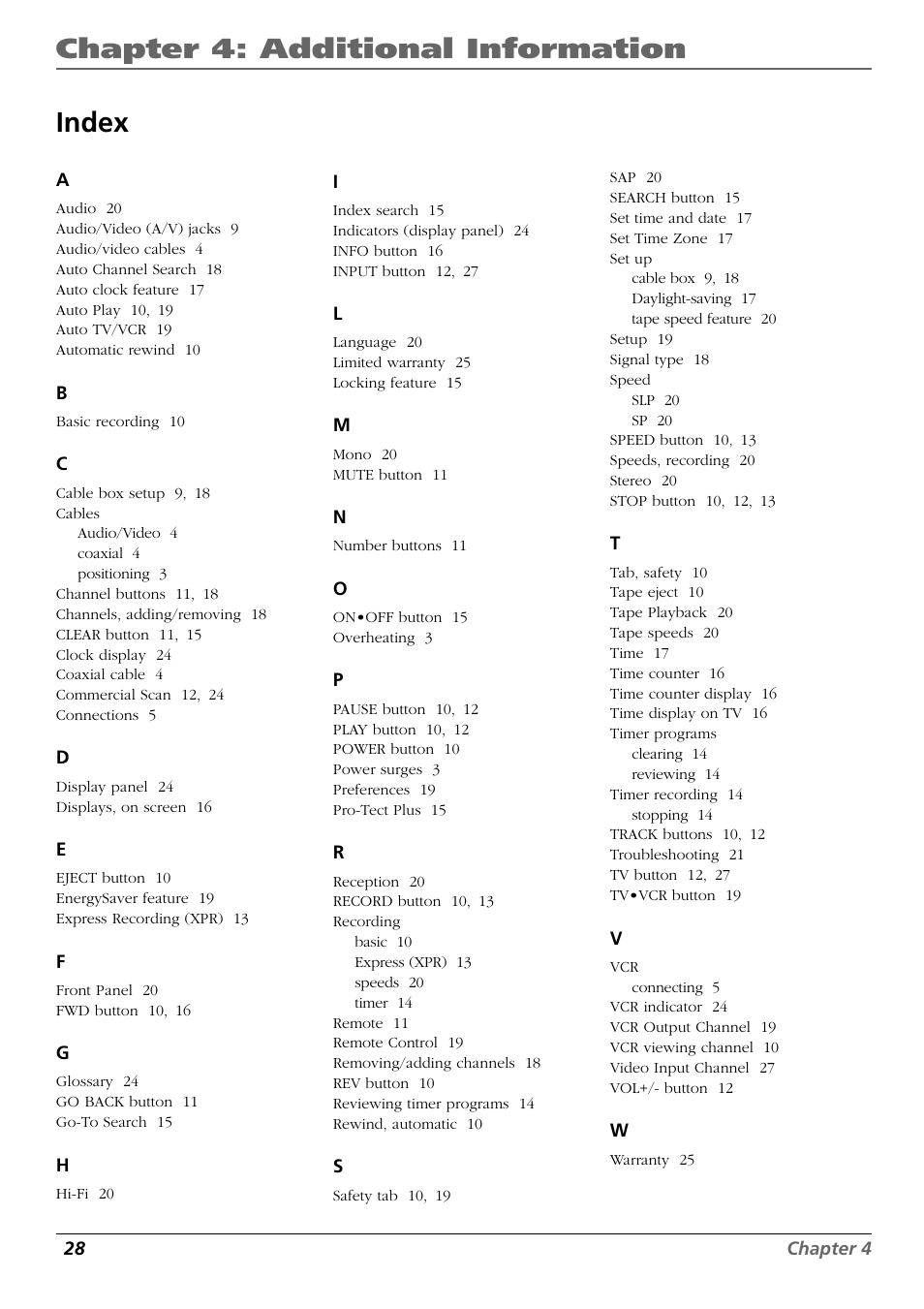 Chapter 4: additional information, Index | RCA VR637HF User Manual | Page 30 / 32