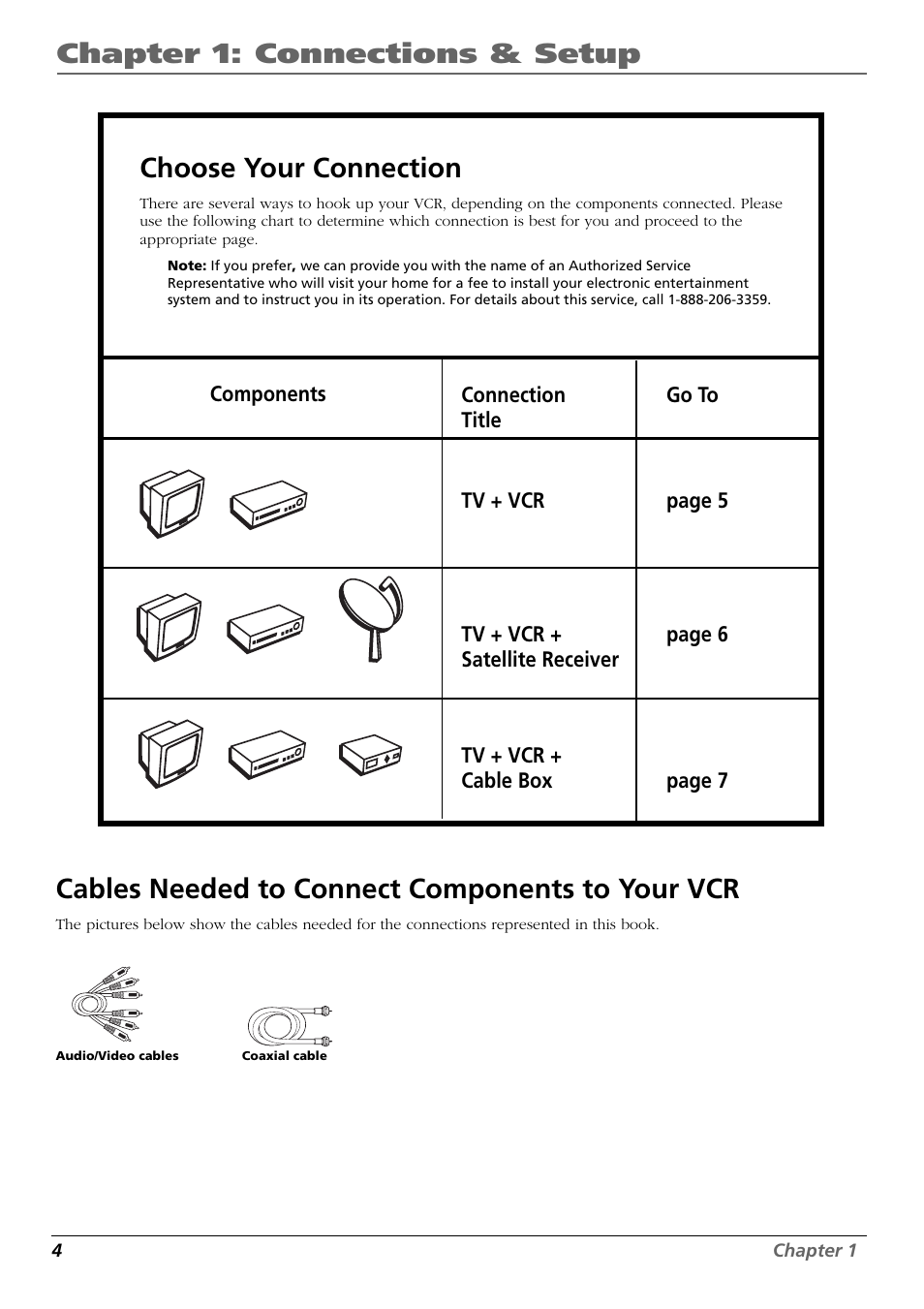 Chapter 1: connections & setup, Cables needed to connect components to your vcr, Choose your connection | RCA VR637HF User Manual | Page 6 / 32