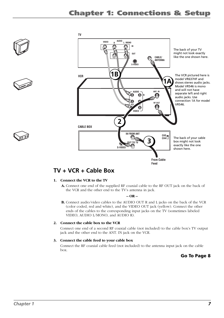 Chapter 1: connections & setup, 1b 1a, Tv + vcr + cable box | Chapter 1 7, Go to page 8 | RCA VR637HF User Manual | Page 9 / 32
