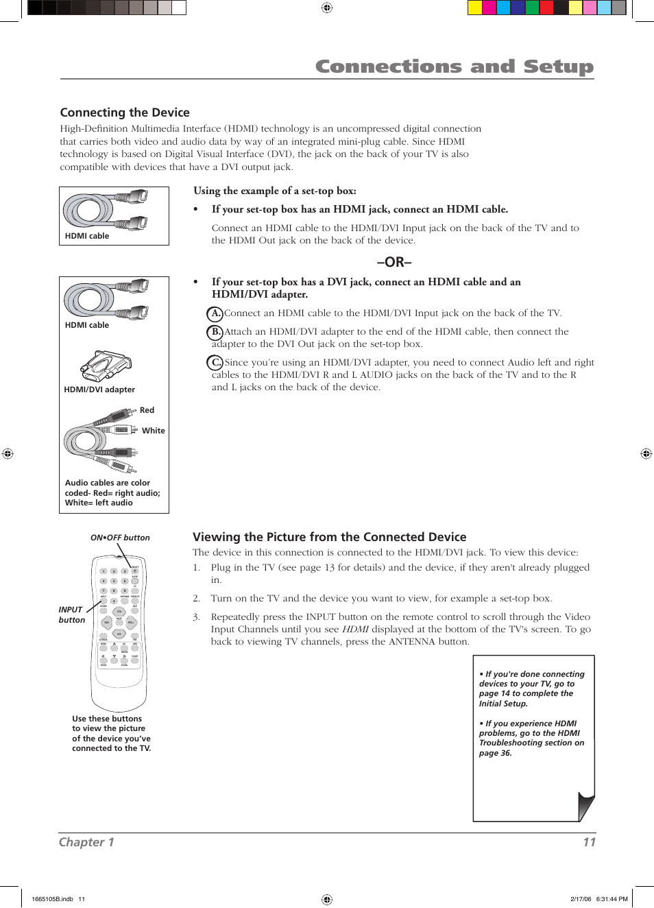 Connections and setup, Chapter 1 11, Connecting the device | Viewing the picture from the connected device | RCA L32WD12 User Manual | Page 11 / 44