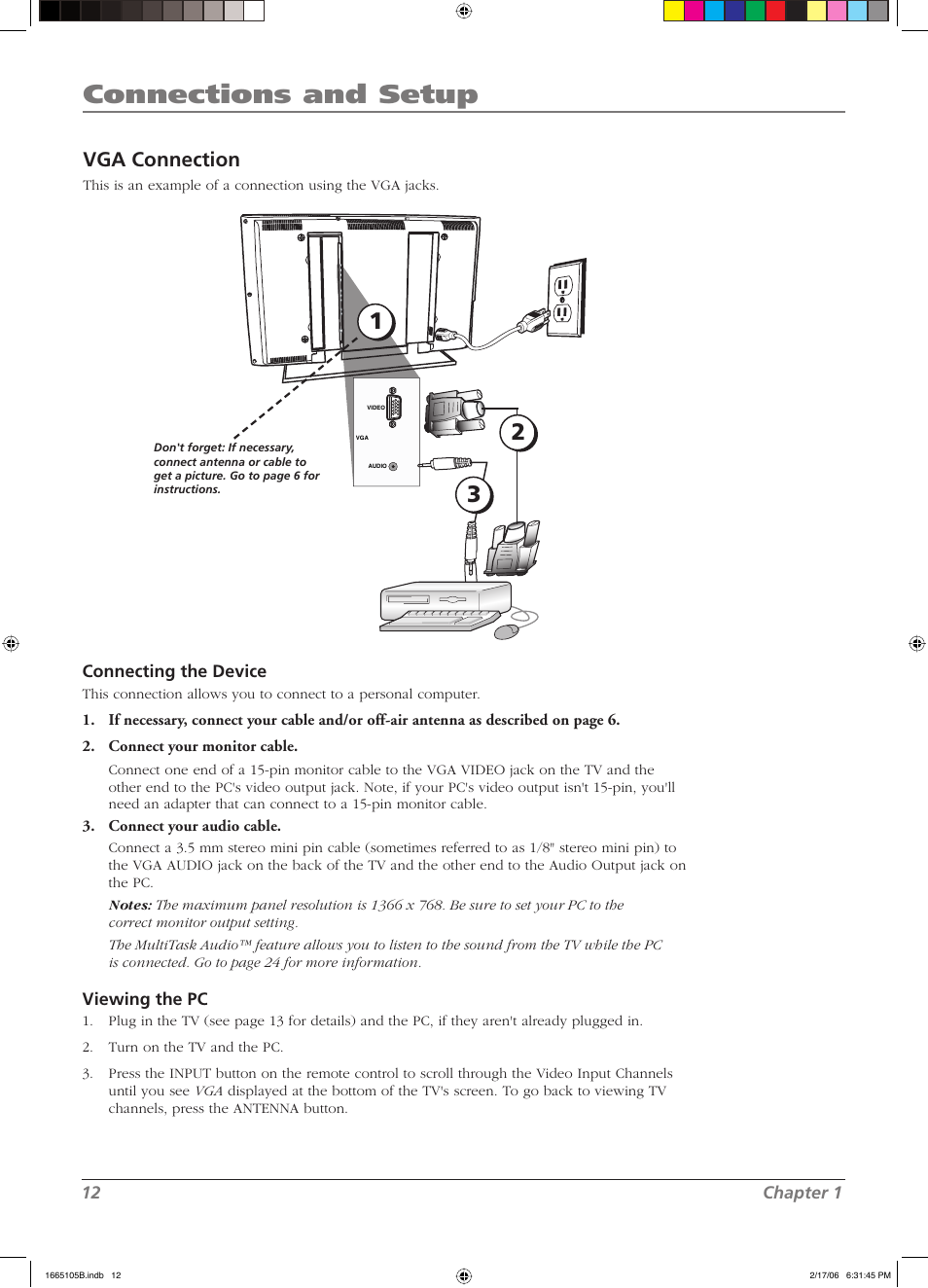 Connections and setup, Vga connection | RCA L32WD12 User Manual | Page 12 / 44