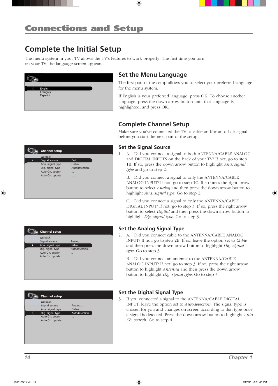 Connections and setup, Complete the initial setup, Set the menu language | Complete channel setup, 14 chapter 1, Set the signal source, Set the analog signal type, Set the digital signal type | RCA L32WD12 User Manual | Page 14 / 44