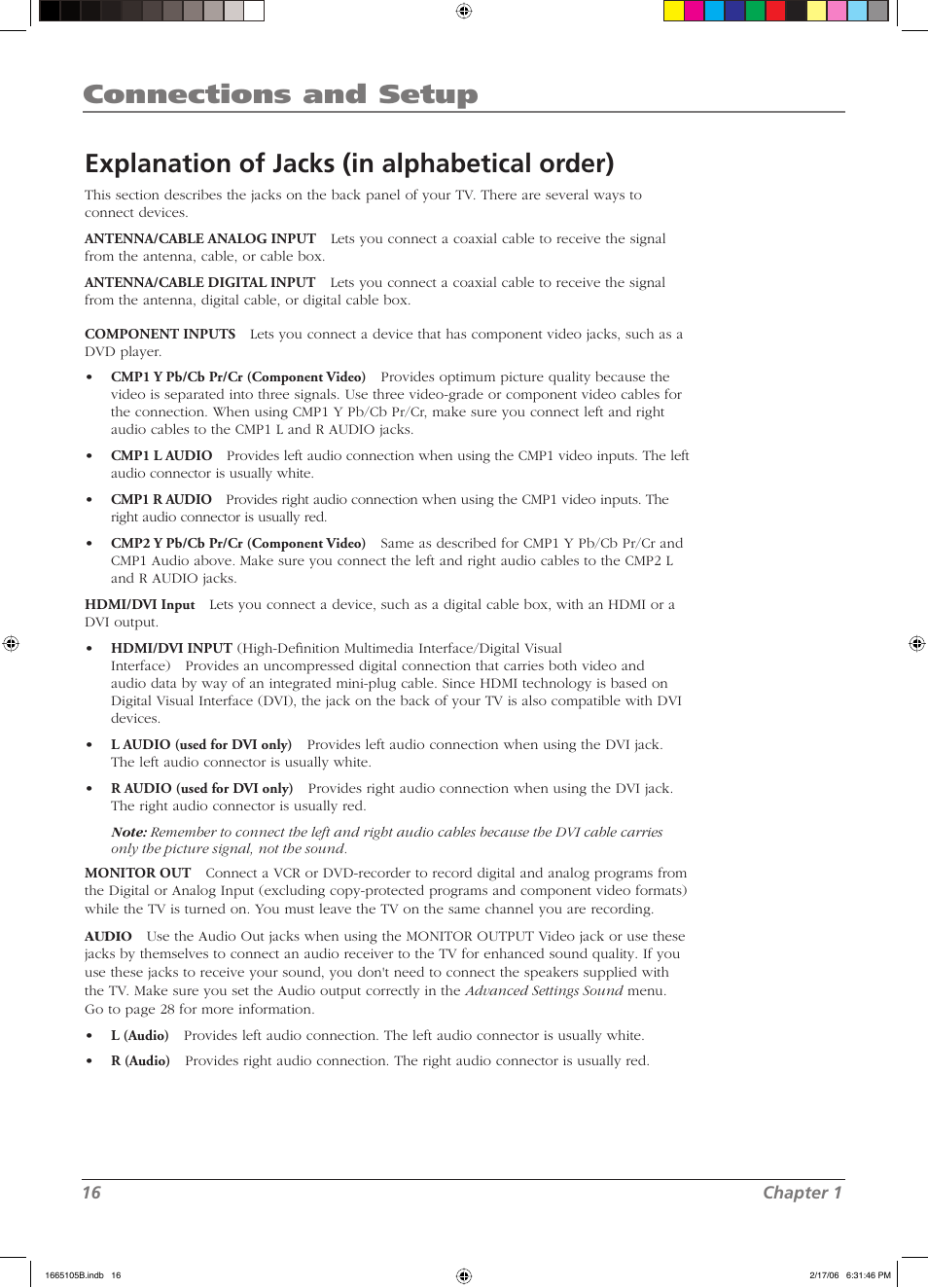 Connections and setup, Explanation of jacks (in alphabetical order) | RCA L32WD12 User Manual | Page 16 / 44