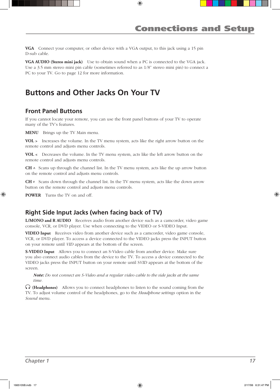 Connections and setup, Buttons and other jacks on your tv, Front panel buttons | Right side input jacks (when facing back of tv) | RCA L32WD12 User Manual | Page 17 / 44